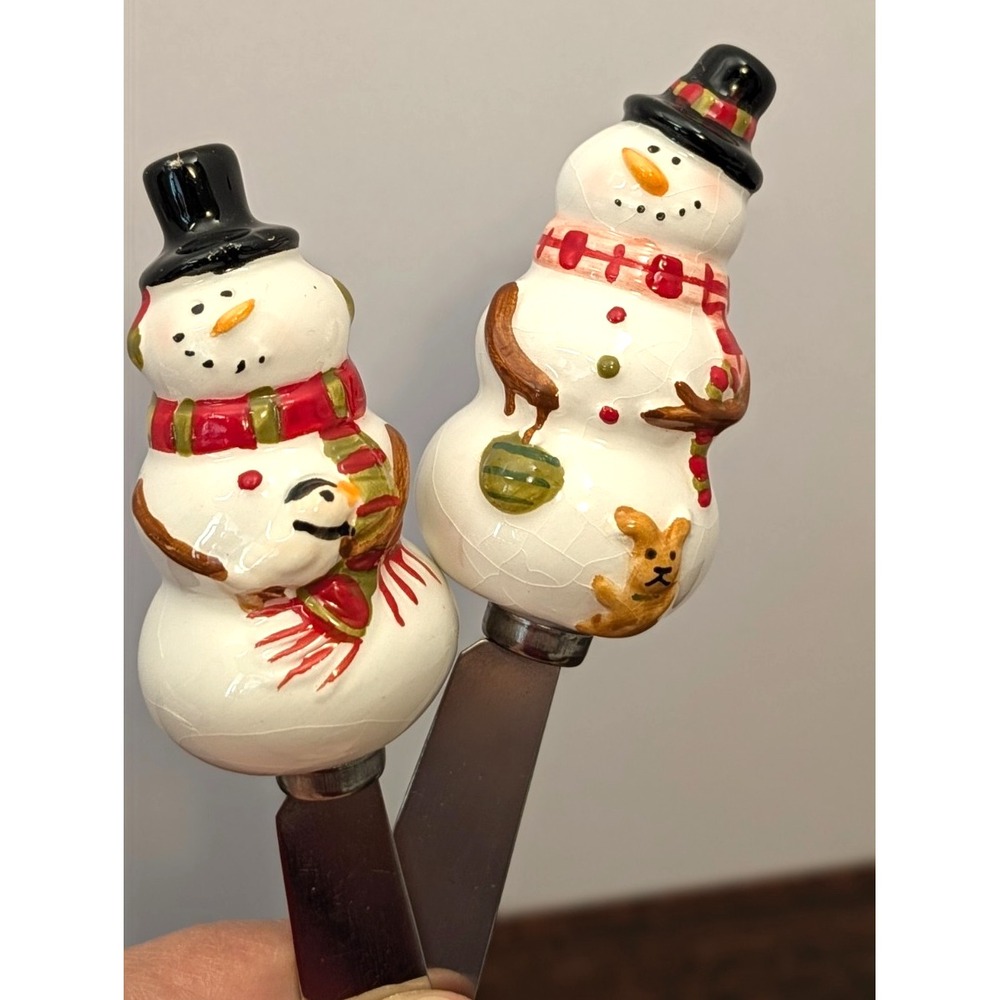 Set of 2 Ceramic Snowman Cheese Spreaders Stainless Steel Christmas Holiday